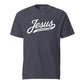 Dachshund shirt with Jesus and weenie dogs design in navy, front view