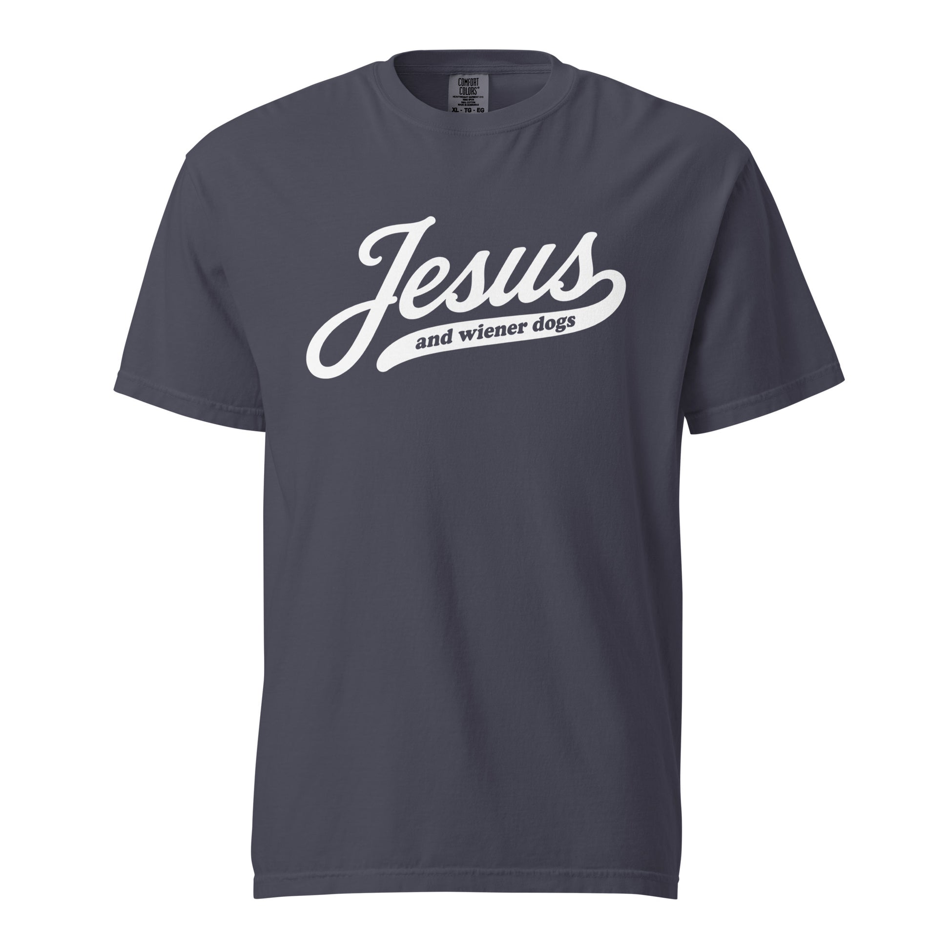 Dachshund shirt with Jesus and weenie dogs design in navy, front view