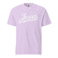 Doxie tee with Jesus and weenie dogs design in orchid, front view