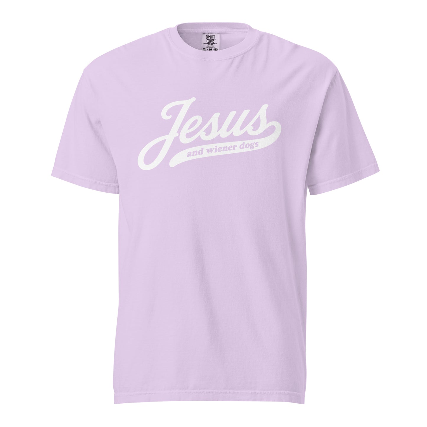 Doxie tee with Jesus and weenie dogs design in orchid, front view