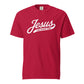 Doxie tee with Jesus and weenie dogs design in red, front view