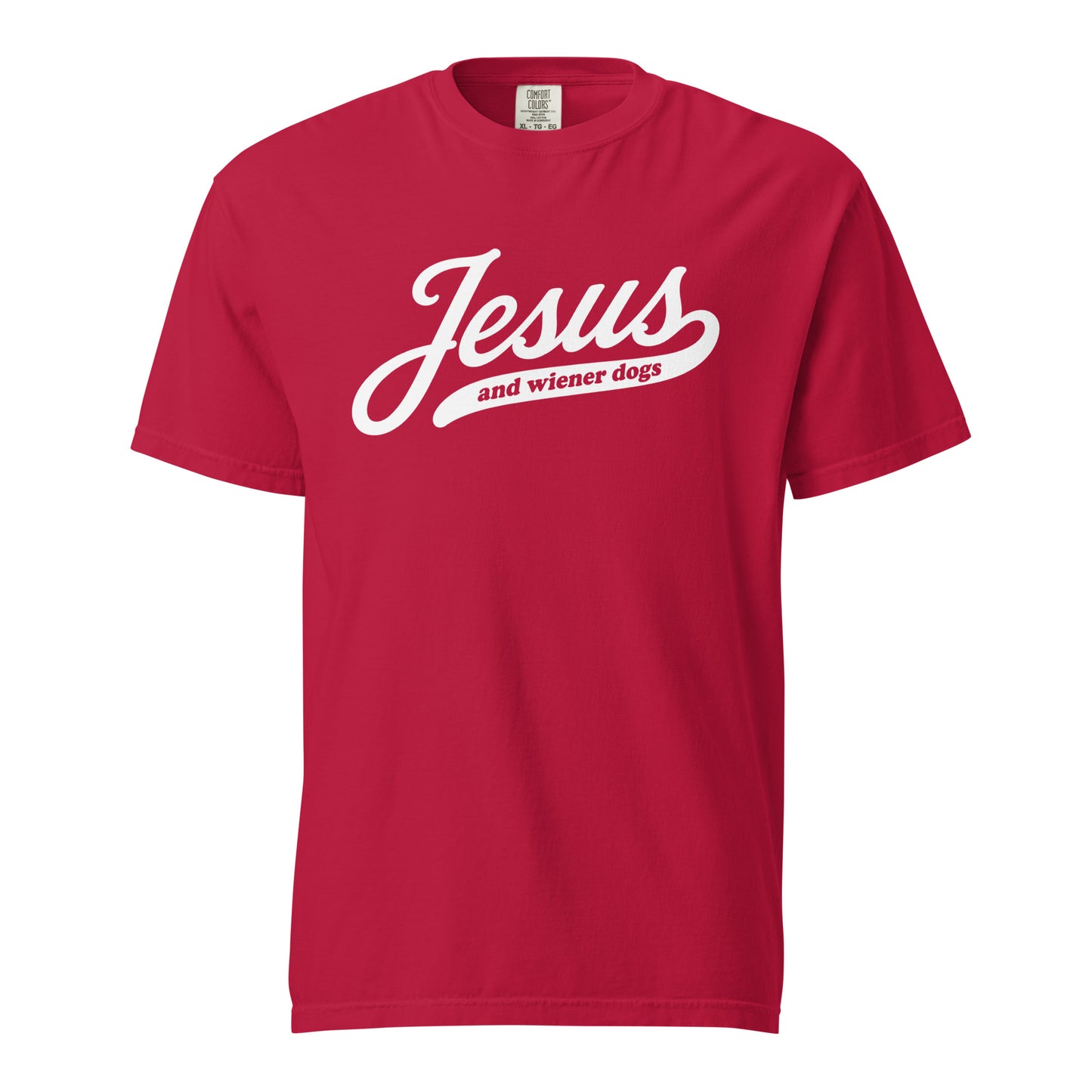 Doxie tee with Jesus and weenie dogs design in red, front view