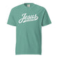 Dachshund shirt with Jesus and weenie dogs design in seafoam, front view