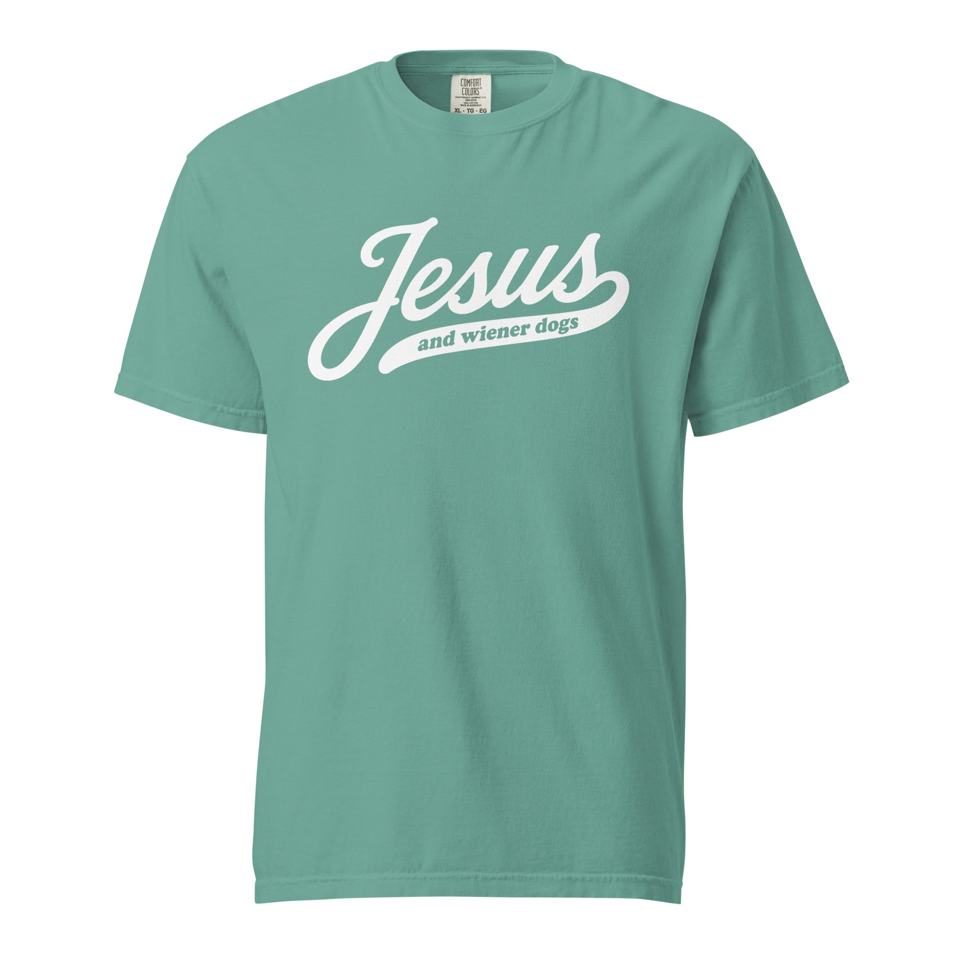 Dachshund shirt with Jesus and weenie dogs design in seafoam, front view