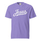 Doxie tee with Jesus and weenie dogs design in violet, front view