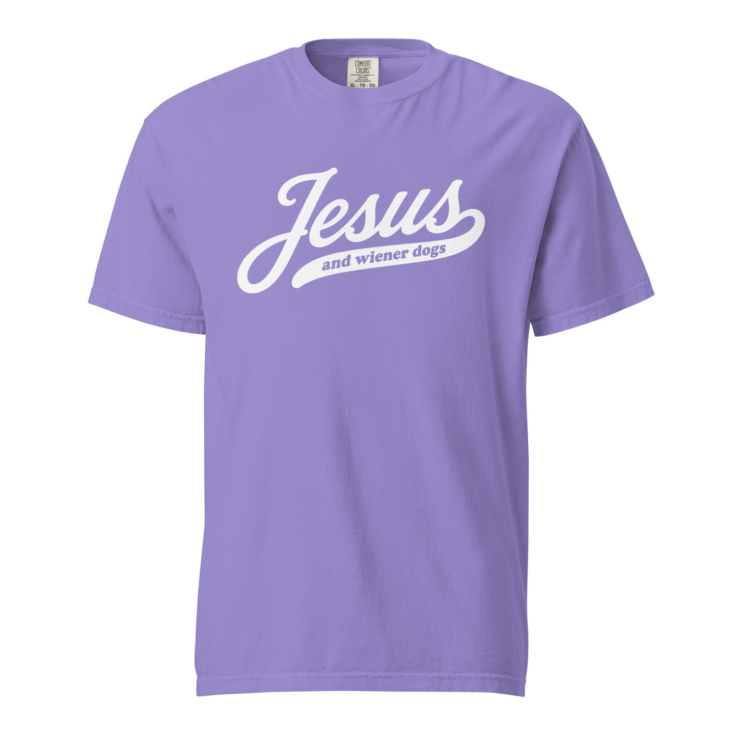 Doxie tee with Jesus and weenie dogs design in violet, front view