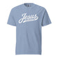 Doxie tee with Jesus and weenie dogs design in washed denim, front view