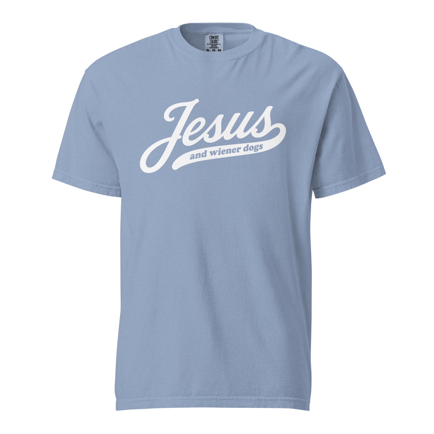 Doxie tee with Jesus and weenie dogs design in washed denim, front view
