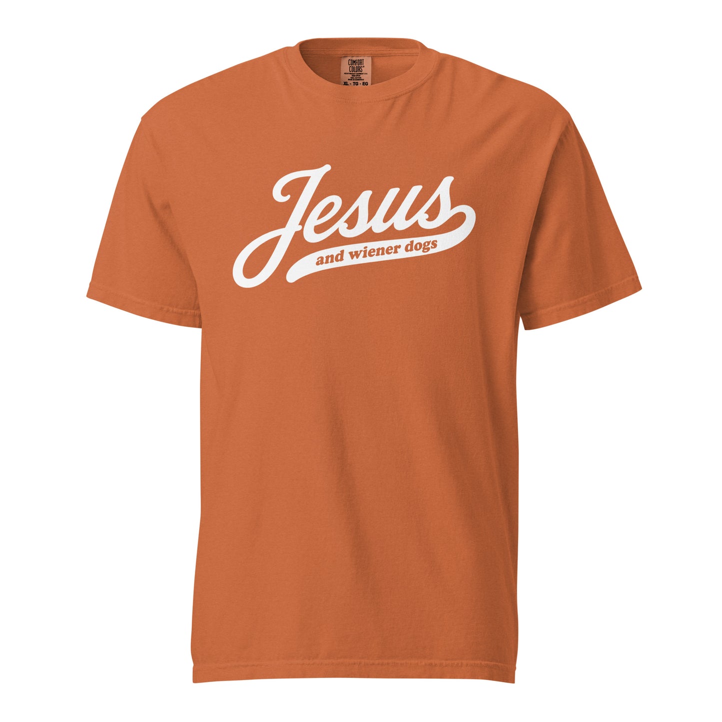 Dachshund shirt with Jesus and weenie dogs design in yam, front view
