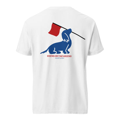Long hair dachshund golf shirt, weens on the greens doxie open design back view