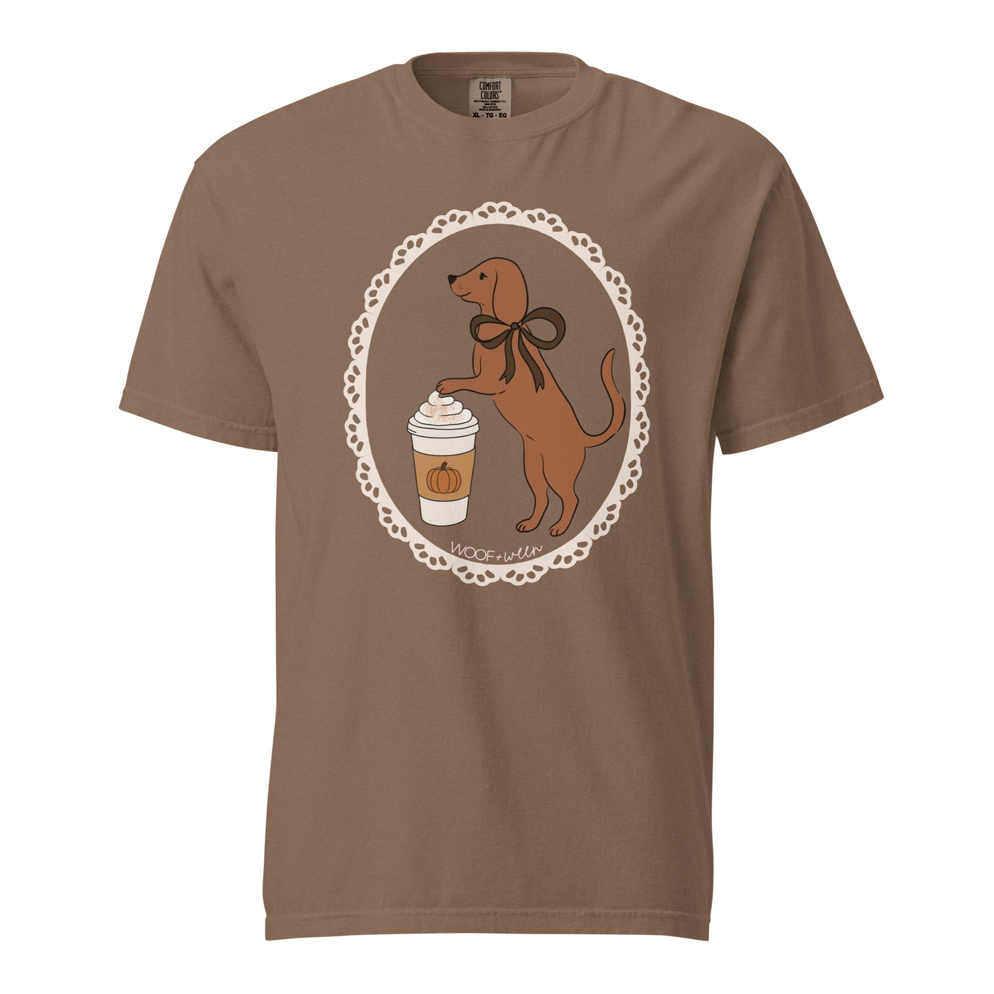 Dachshund shirt in espresso, Pumpkin Spice Doxie Latte print