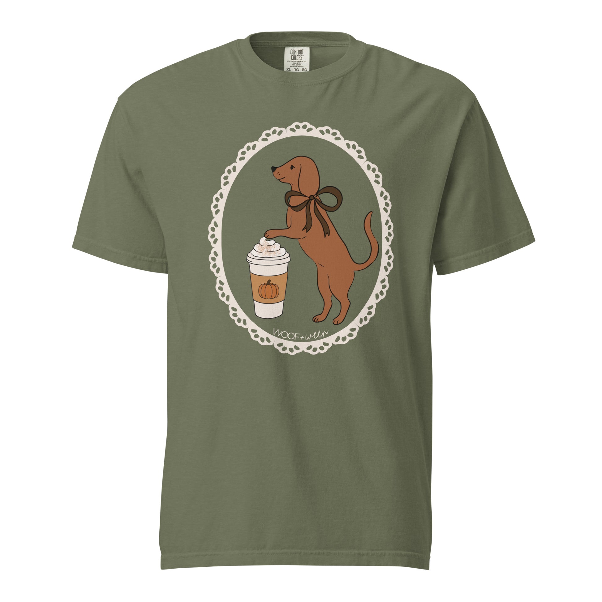 Dachshund shirt in moss, Pumpkin Spice Doxie Latte print