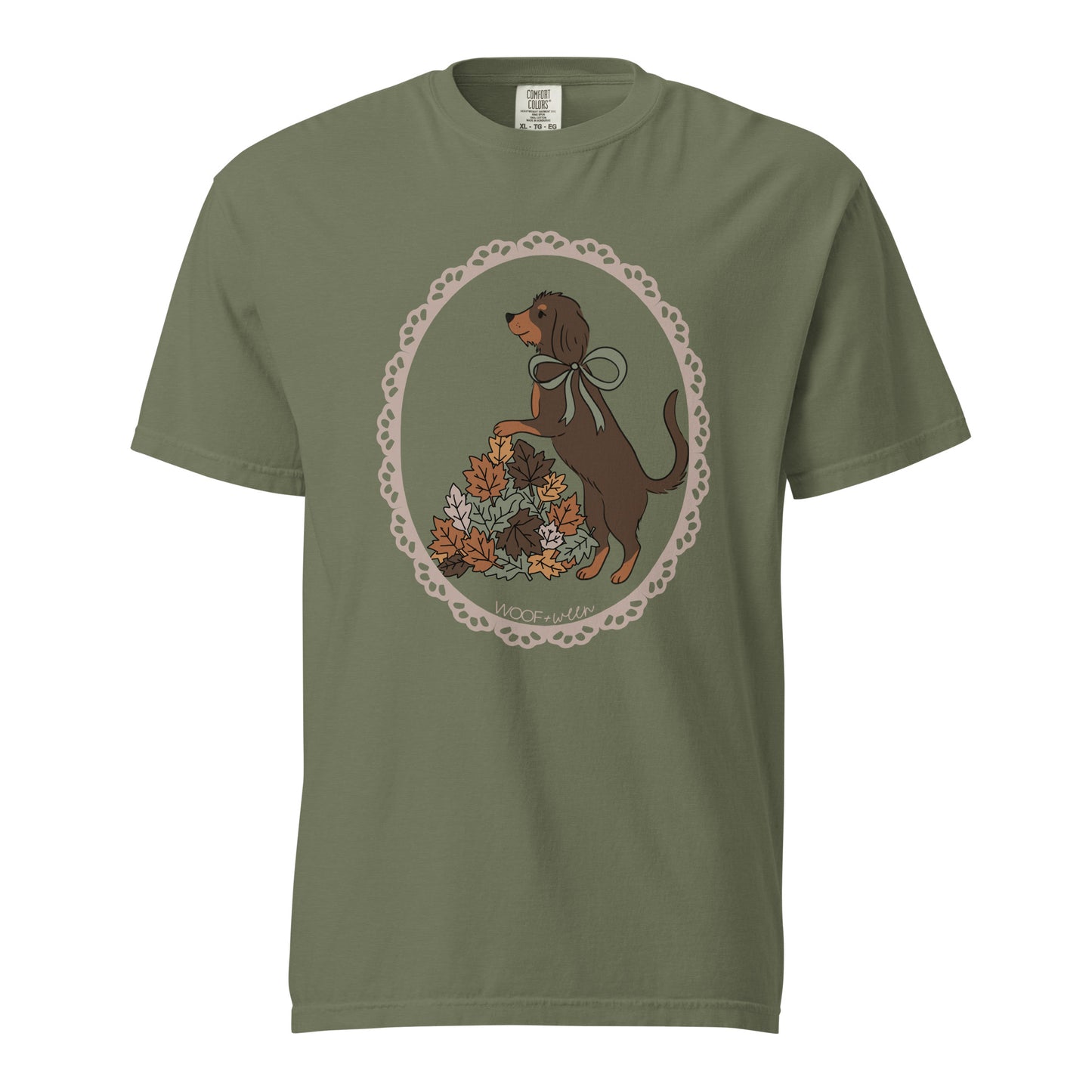 Dachshund shirt in moss, Wire Hair Doxie in Fall Leaves print