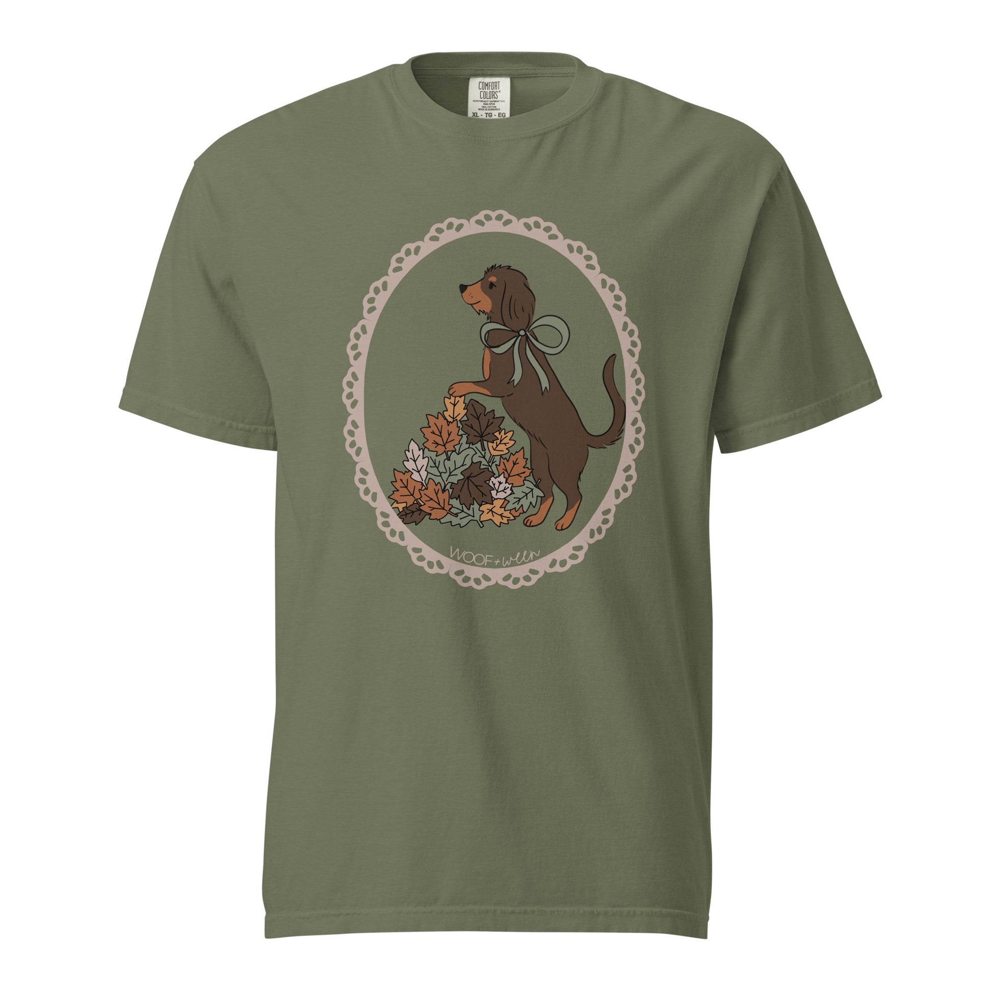 Dachshund shirt in moss, Wire Hair Doxie in Fall Leaves print