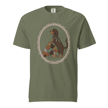 Dachshund shirt in moss, Wire Hair Doxie in Fall Leaves print