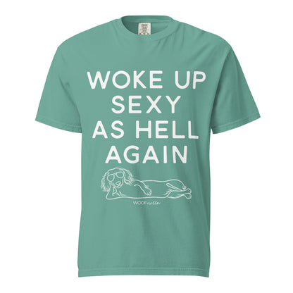 Seafoam Woke Up Sexy As Hell dachshund shirt – long hair doxie tee, oversized swimsuit coverup