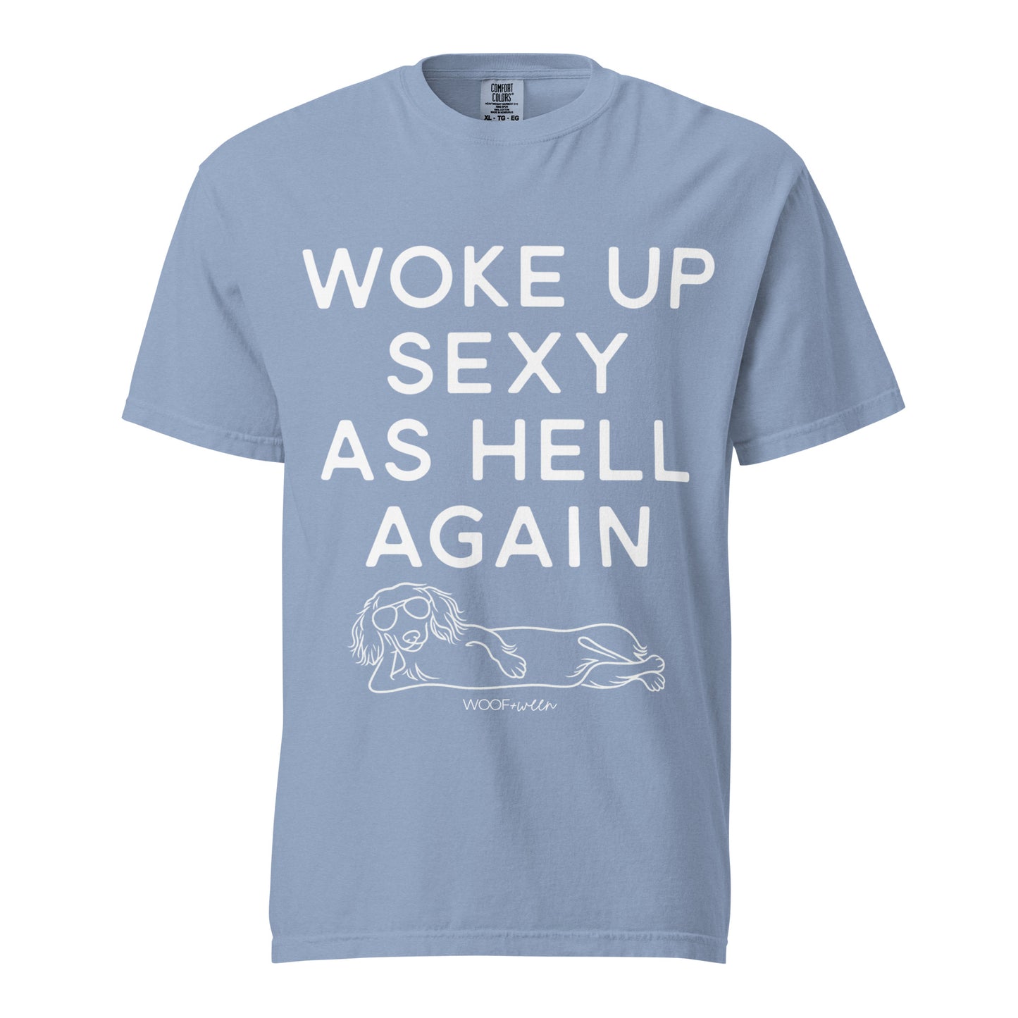 Washed Denim Woke Up Sexy As Hell dachshund shirt – long hair doxie tee, oversized swimsuit coverup