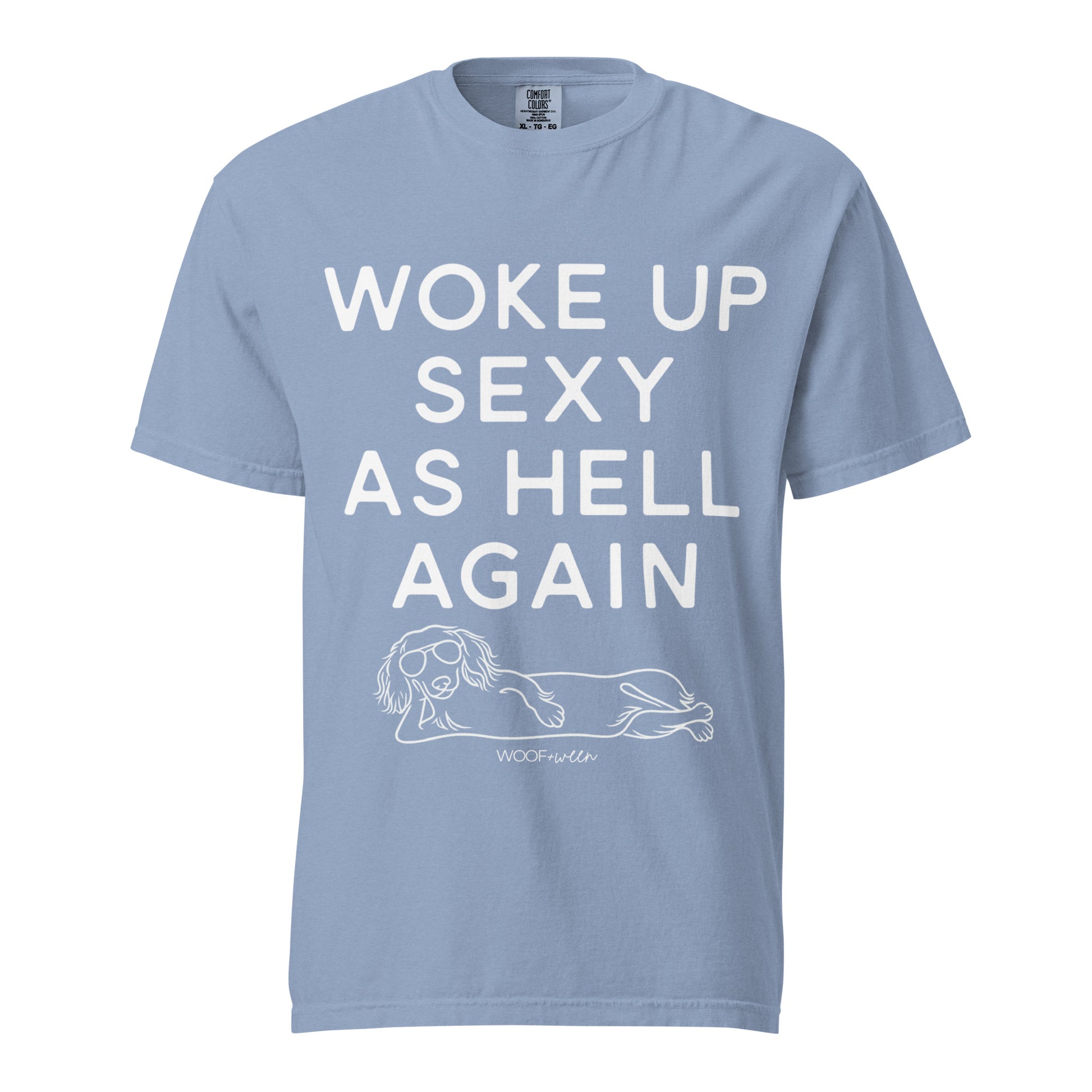 Washed Denim Woke Up Sexy As Hell dachshund shirt – long hair doxie tee, oversized swimsuit coverup