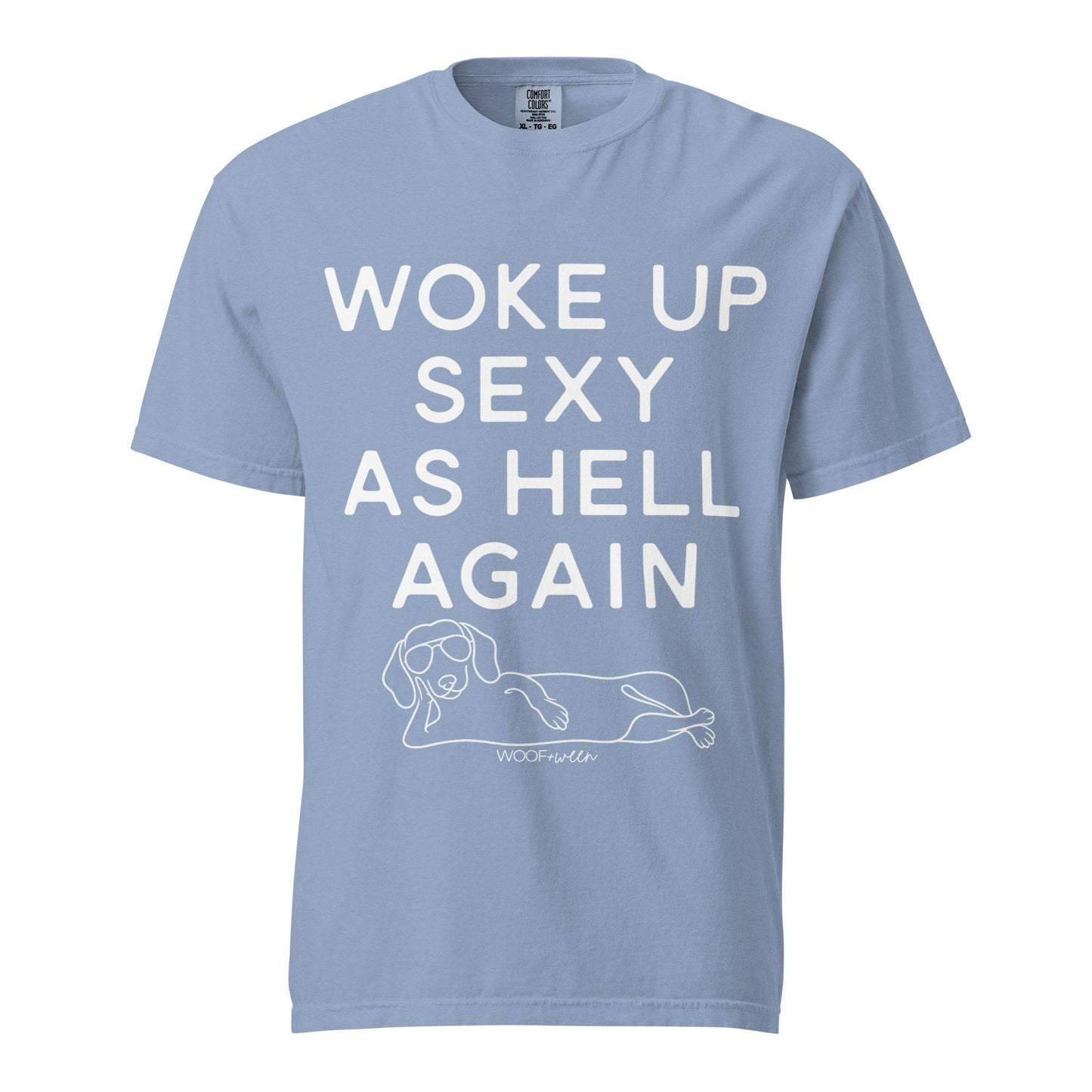 Washed Denim Woke Up Sexy As Hell dachshund shirt – short hair doxie tee, oversized swimsuit coverup