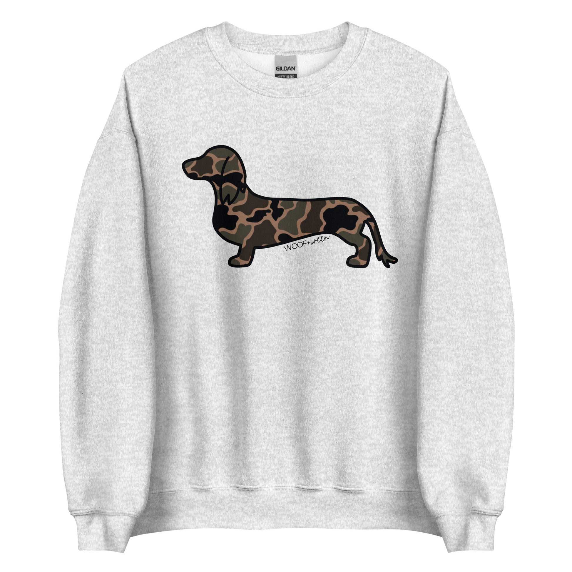 Long hair dachshund sweatshirt in Black Duck Camo print, ash colorway
