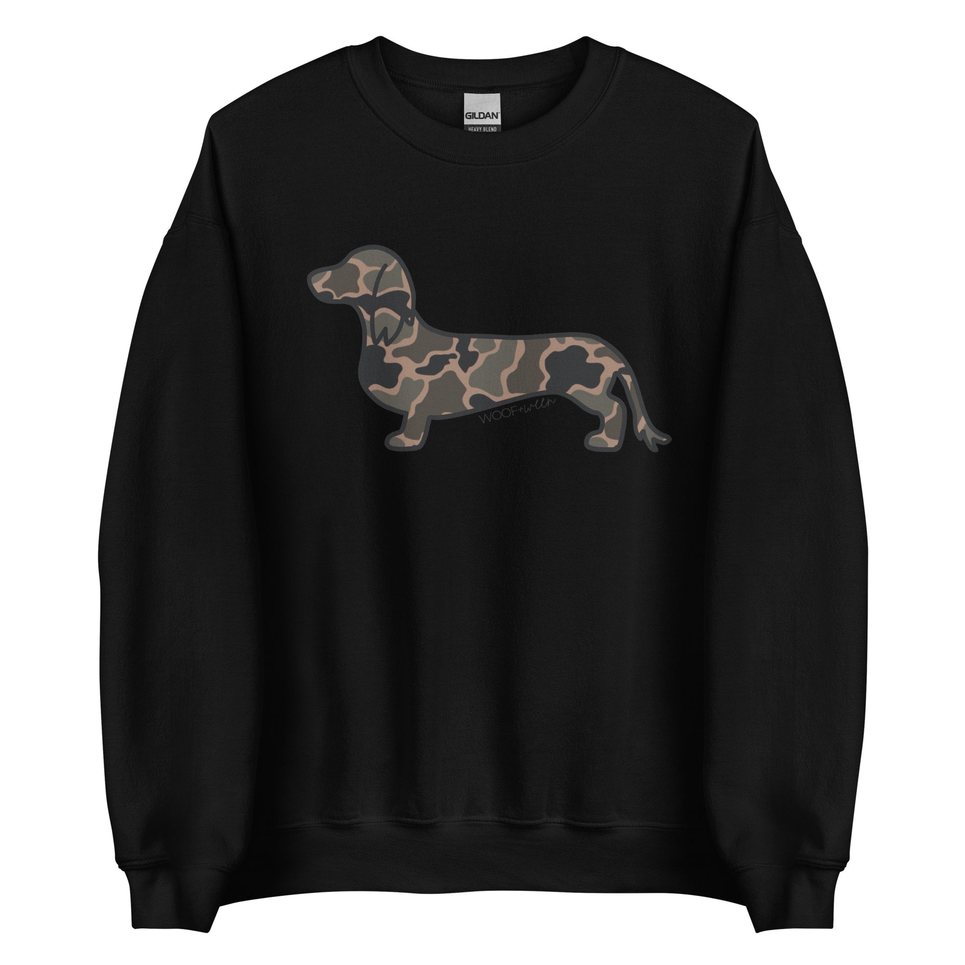 Long hair dachshund sweatshirt in Black Duck Camo print, black colorway