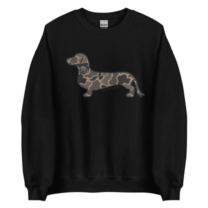 Long hair dachshund sweatshirt in Black Duck Camo print, black colorway