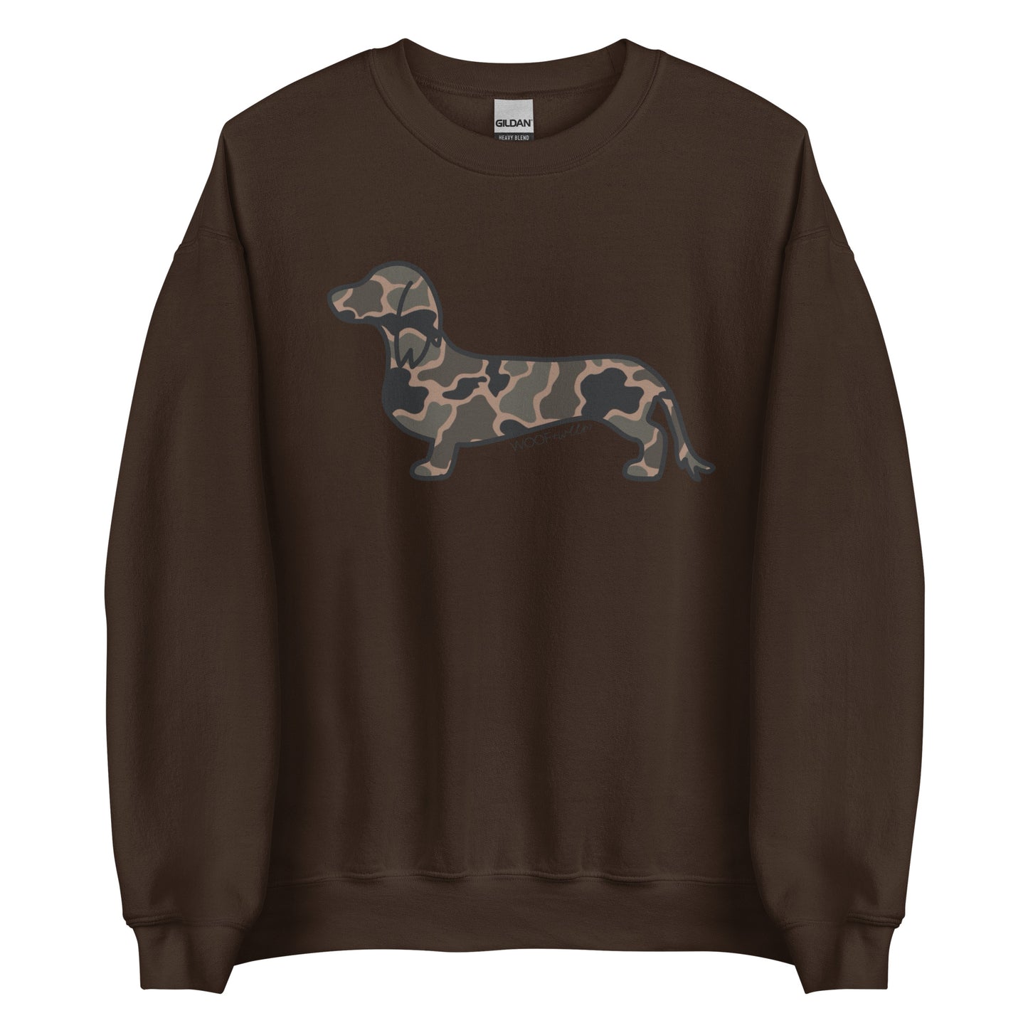 Long hair dachshund sweatshirt in Black Duck Camo print, dark chocolate colorway