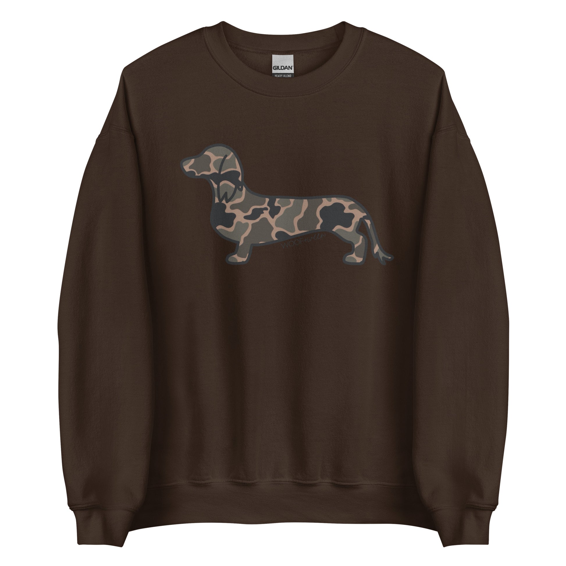 Long hair dachshund sweatshirt in Black Duck Camo print, dark chocolate colorway