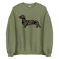 Long hair dachshund sweatshirt in Black Duck Camo print, military green colorway