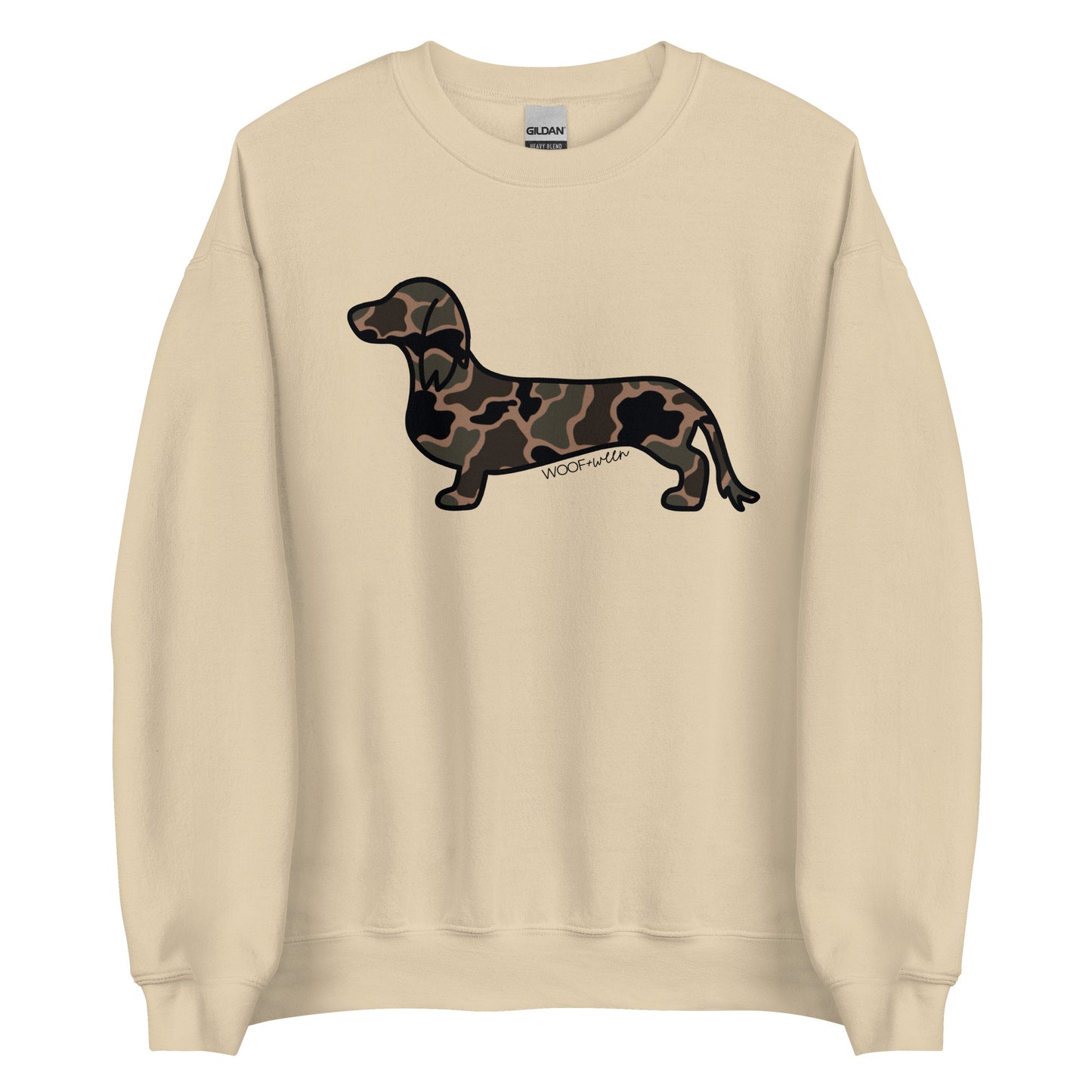 Long hair dachshund sweatshirt in Black Duck Camo print, sand colorway