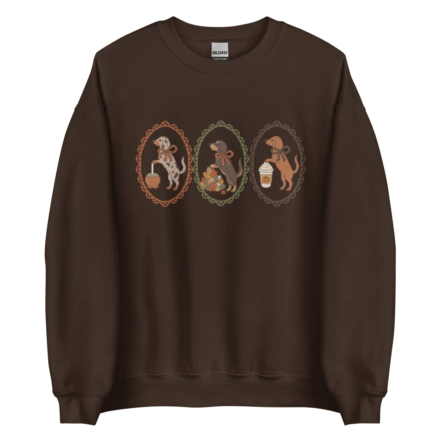 Dachshund sweatshirt in dark chocolate, faux cross stitch wiener dog print