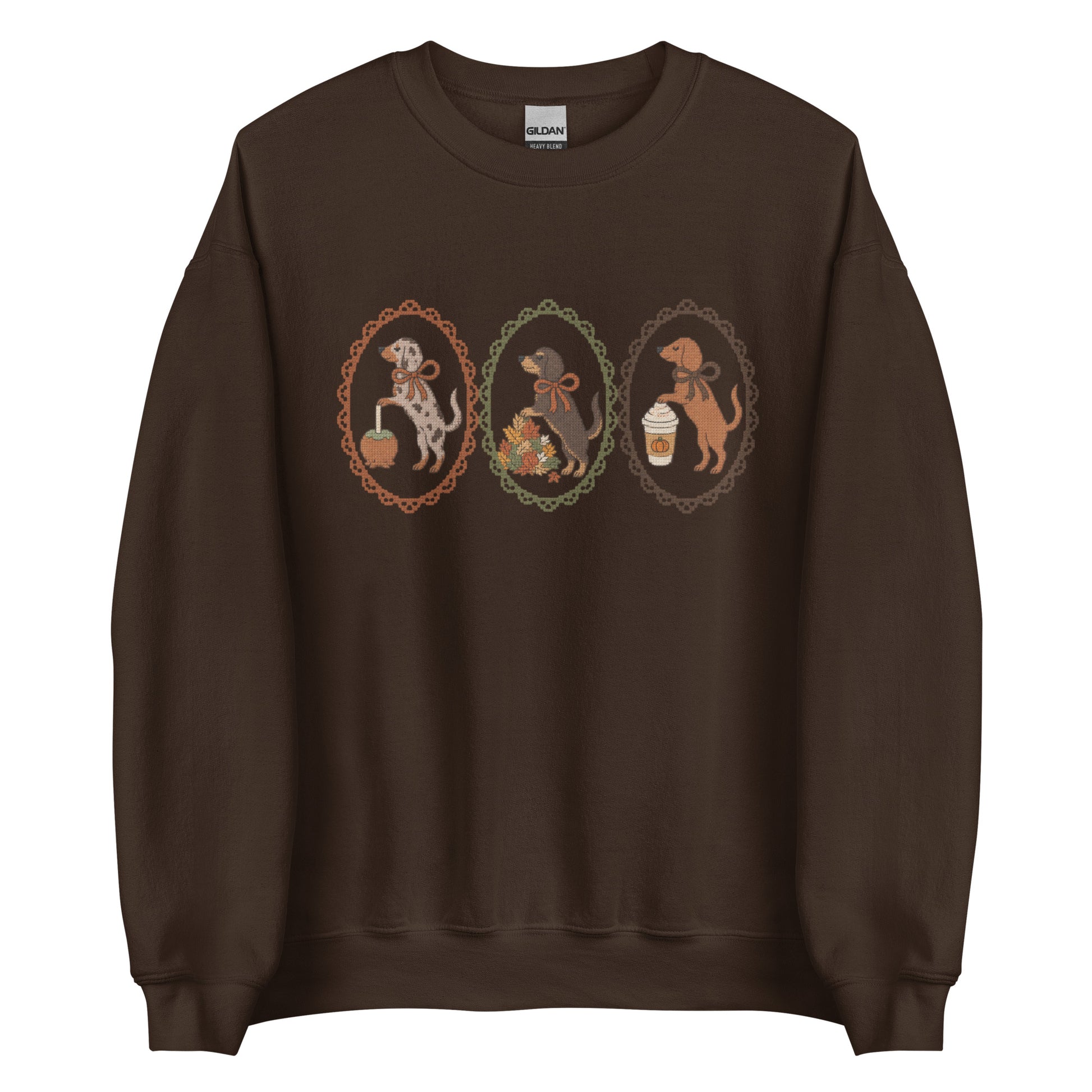 Dachshund sweatshirt in dark chocolate, faux cross stitch wiener dog print
