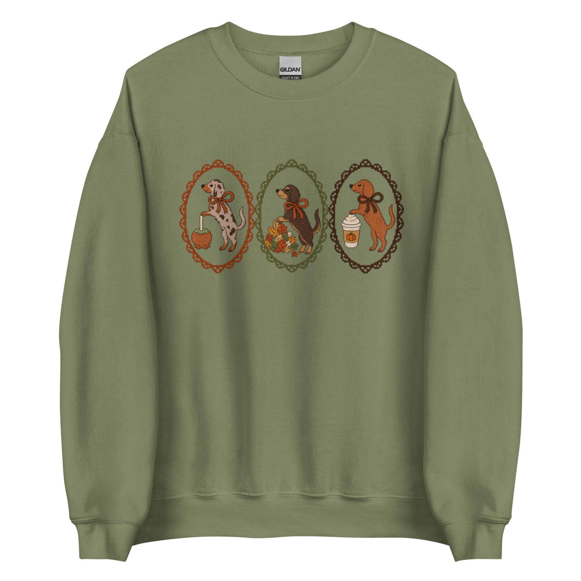 Dachshund sweatshirt in military green, faux cross stitch wiener dog print