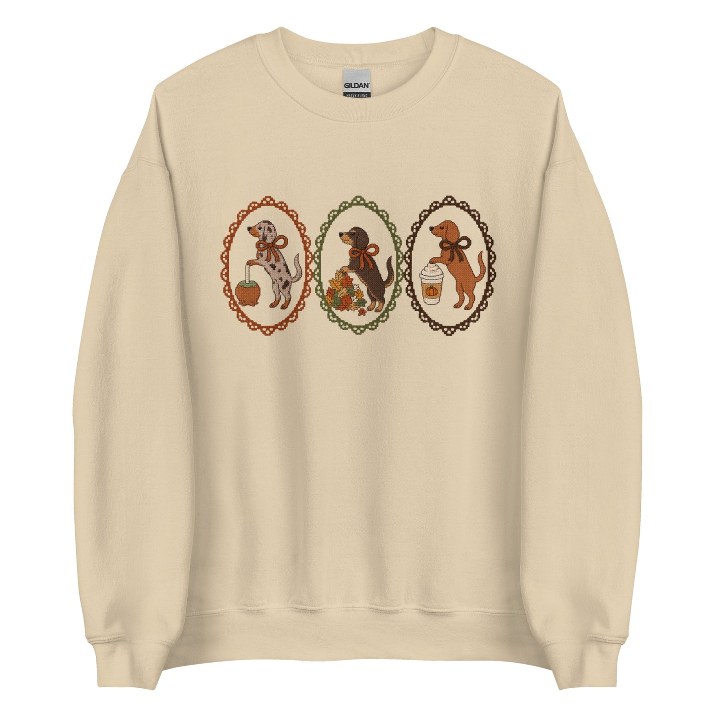 Dachshund sweatshirt in sand, faux cross stitch wiener dog print