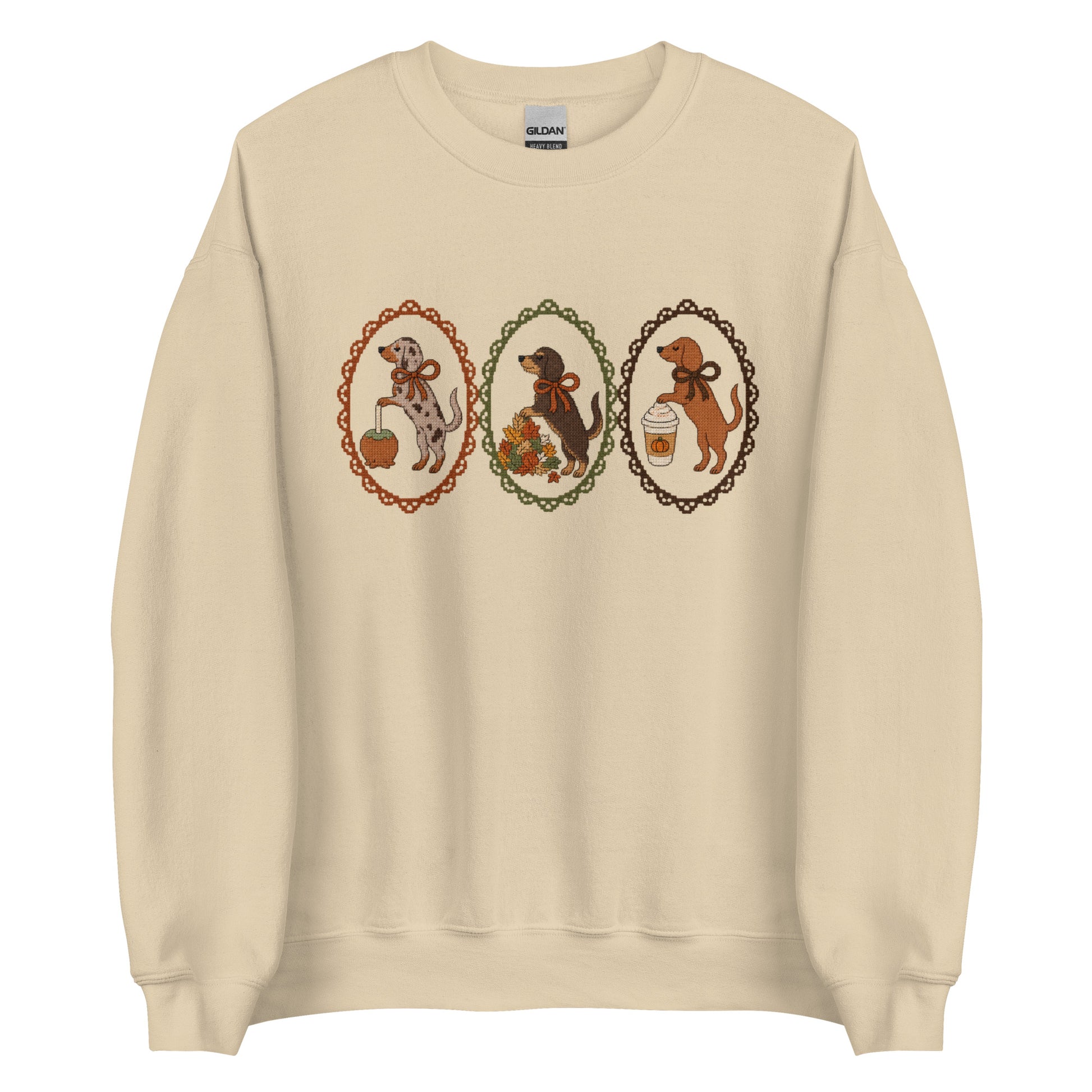 Dachshund sweatshirt in sand, faux cross stitch wiener dog print