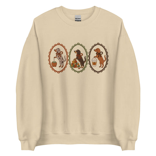 Dachshund sweatshirt in sand, faux cross stitch wiener dog print
