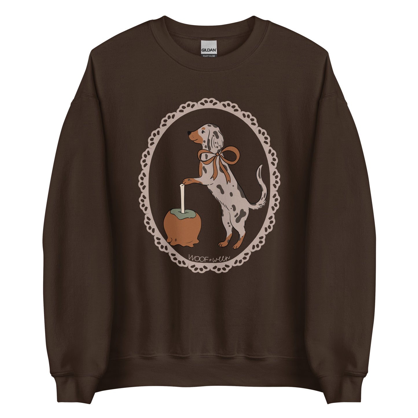 Dachshund sweatshirt in dark chocolate, Dapple Caramel Apple print for wiener dog lovers