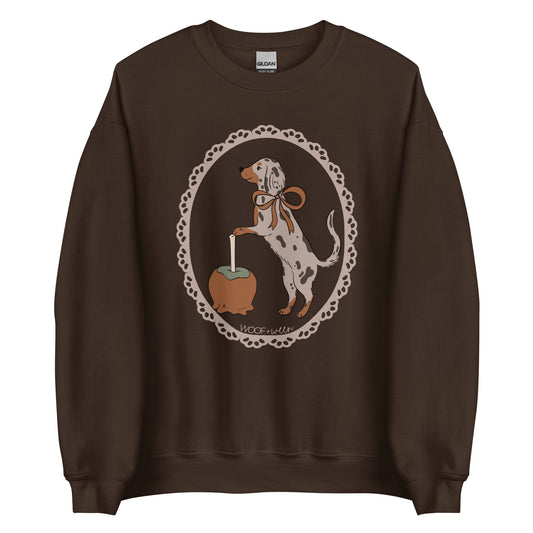 Dachshund sweatshirt in dark chocolate, Dapple Caramel Apple print for wiener dog lovers