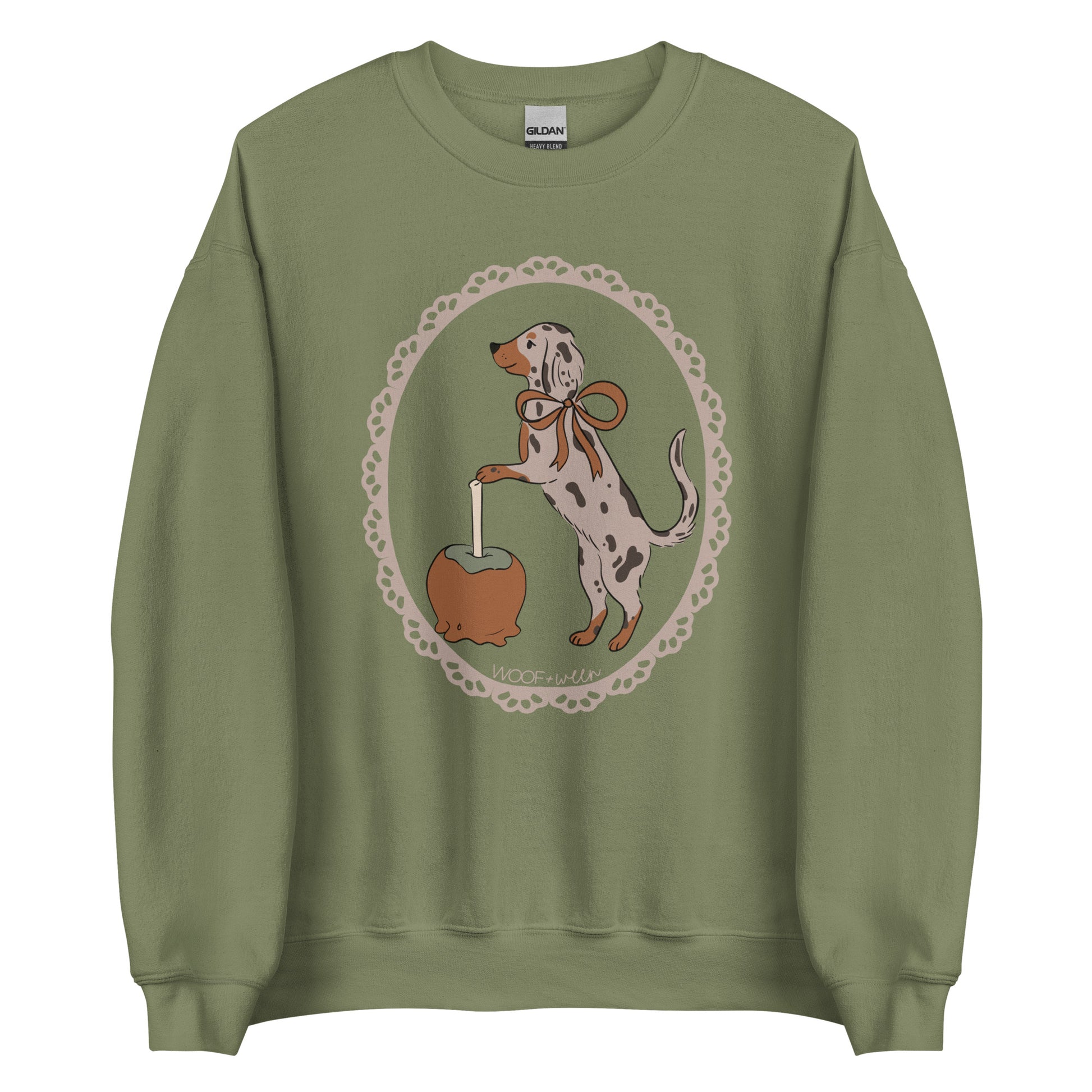 Dachshund sweatshirt in military green, Dapple Caramel Apple print for doxie lovers