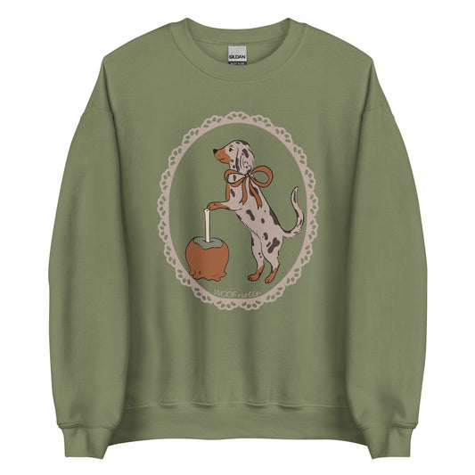 Dachshund sweatshirt in military green, Dapple Caramel Apple print for doxie lovers