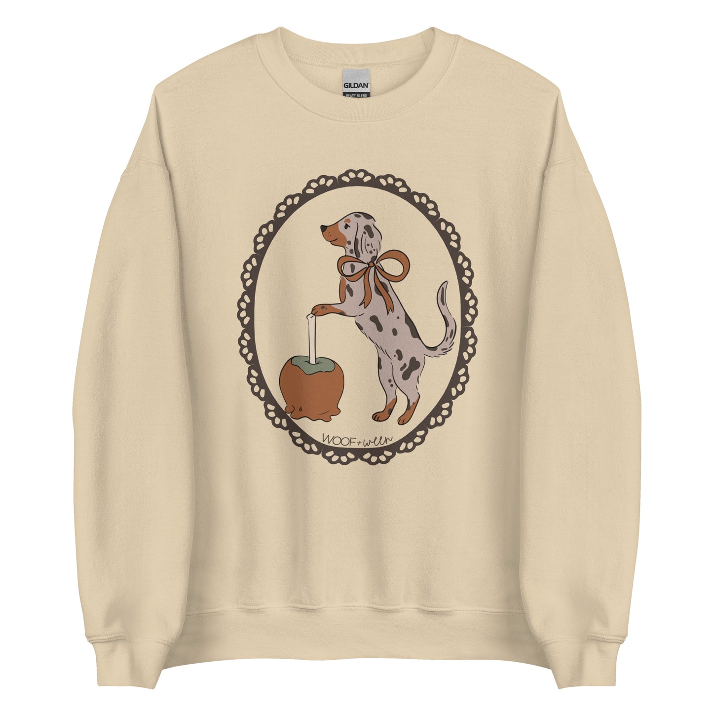 Dachshund sweatshirt in sand, Dapple Caramel Apple print for wiener dog lovers