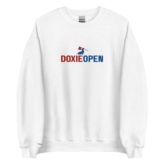 Embroidered dachshund crewneck sweatshirt, doxie open design front view