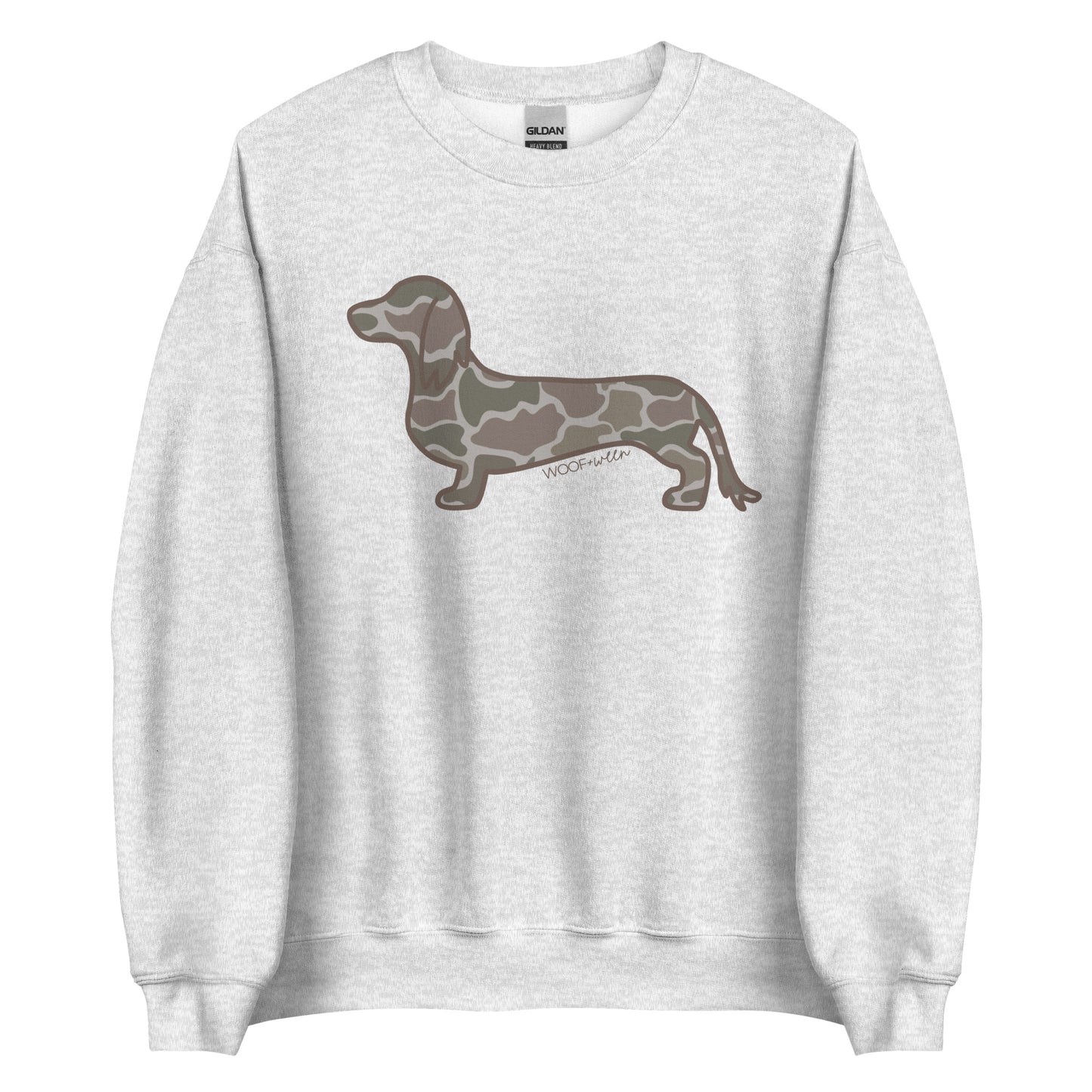 Long hair dachshund sweatshirt in Duck Camo print, ash colorway