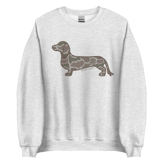 Long hair dachshund sweatshirt in Duck Camo print, ash colorway