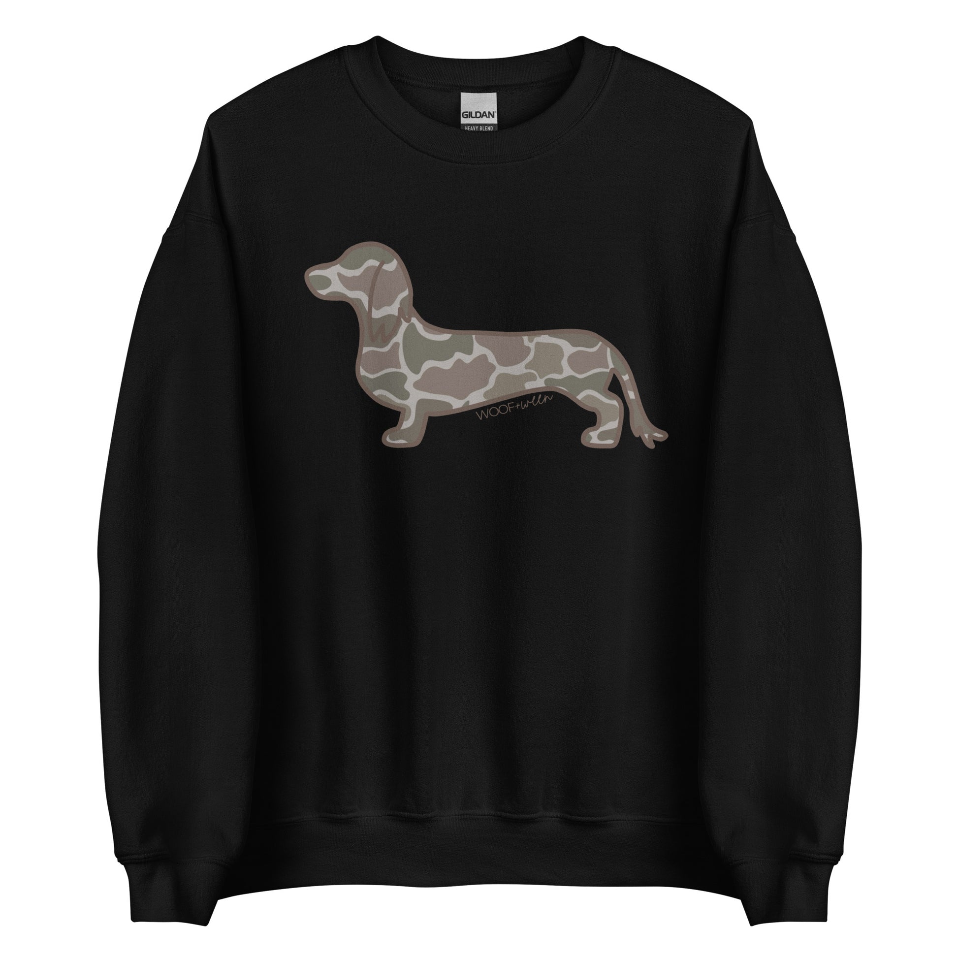 Long hair dachshund sweatshirt in Duck Camo print, black colorway