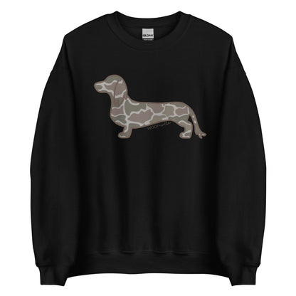 Long hair dachshund sweatshirt in Duck Camo print, black colorway