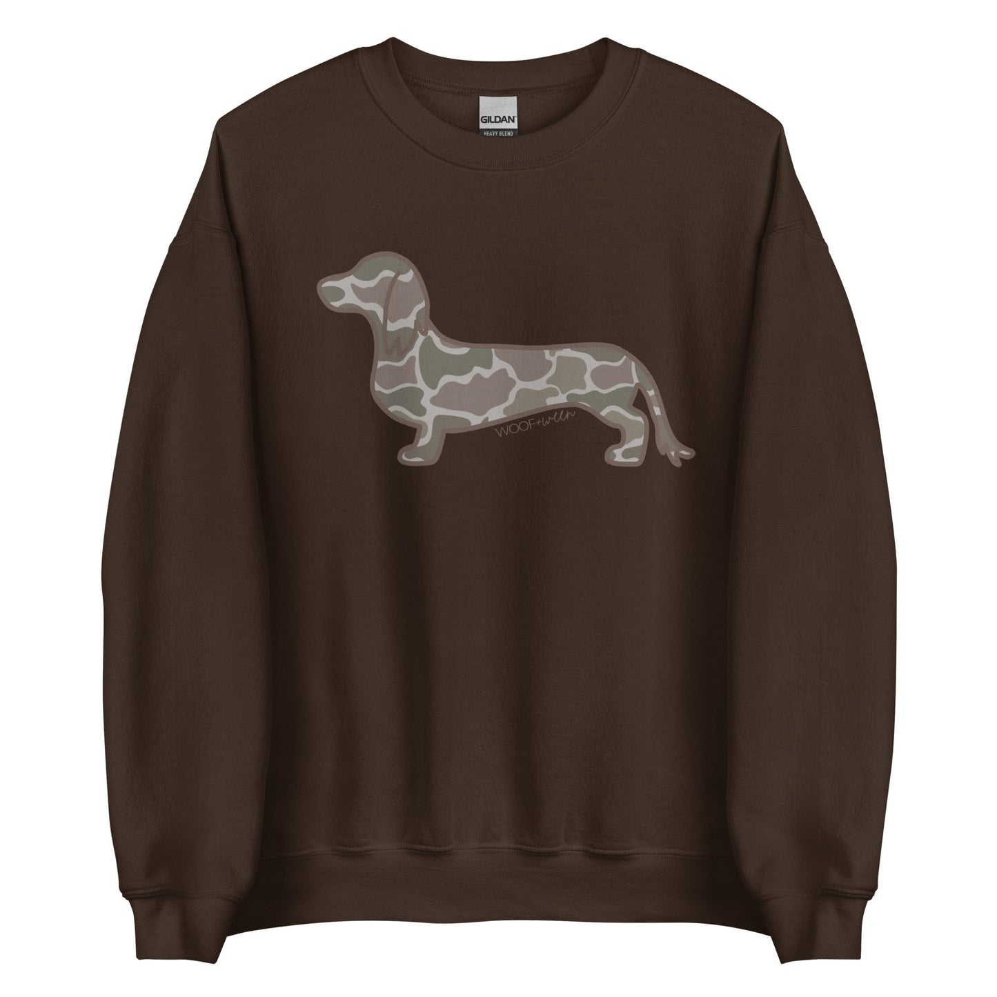 Long hair dachshund sweatshirt in Duck Camo print, dark chocolate colorway