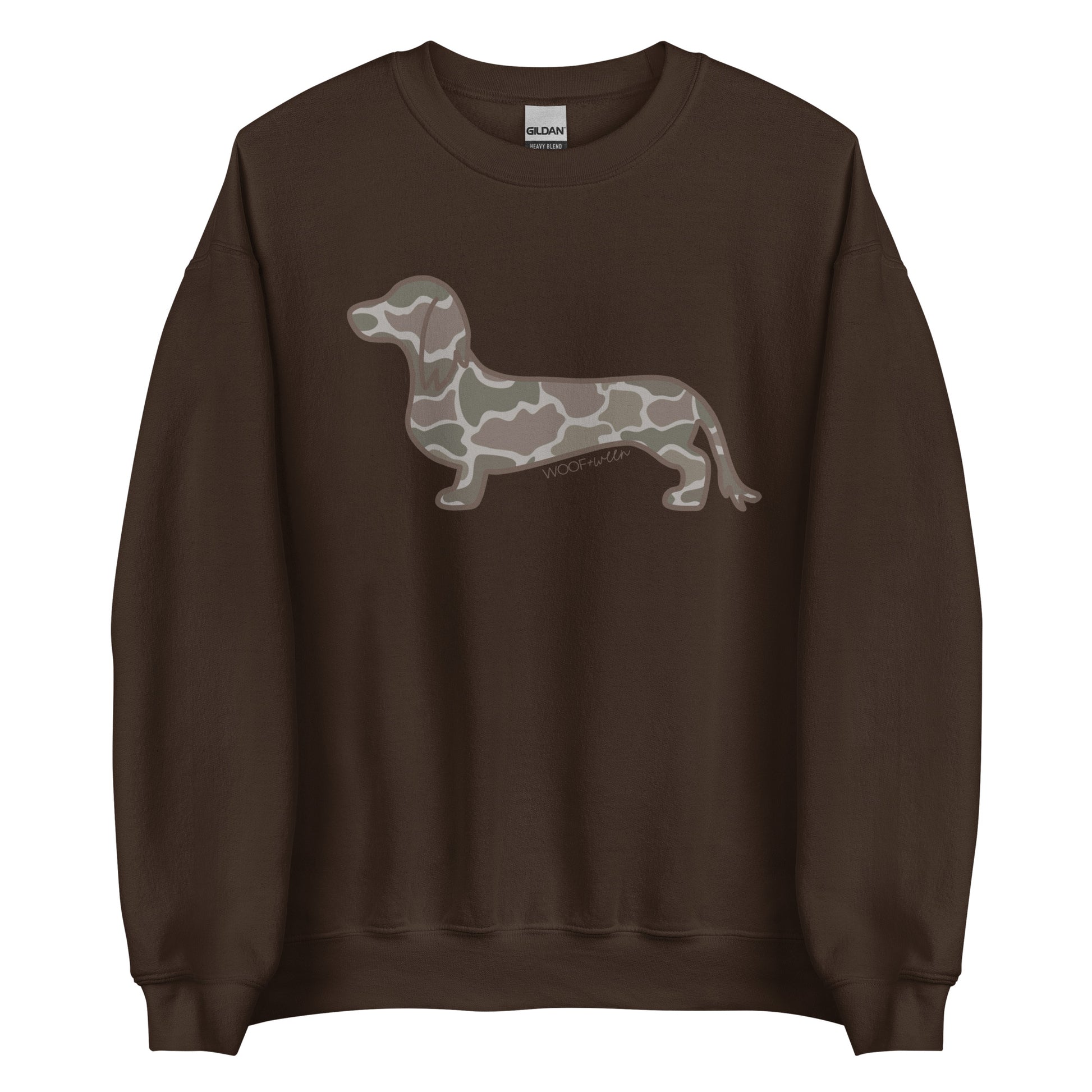 Long hair dachshund sweatshirt in Duck Camo print, dark chocolate colorway