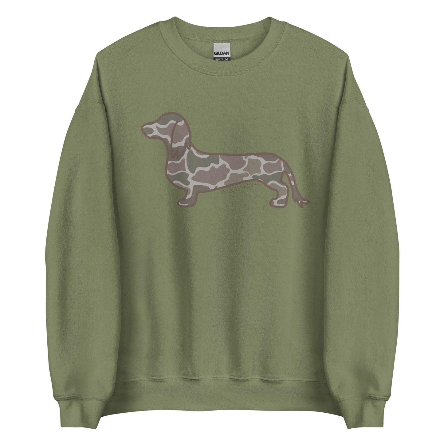 Long hair dachshund sweatshirt in Duck Camo print, military green colorway