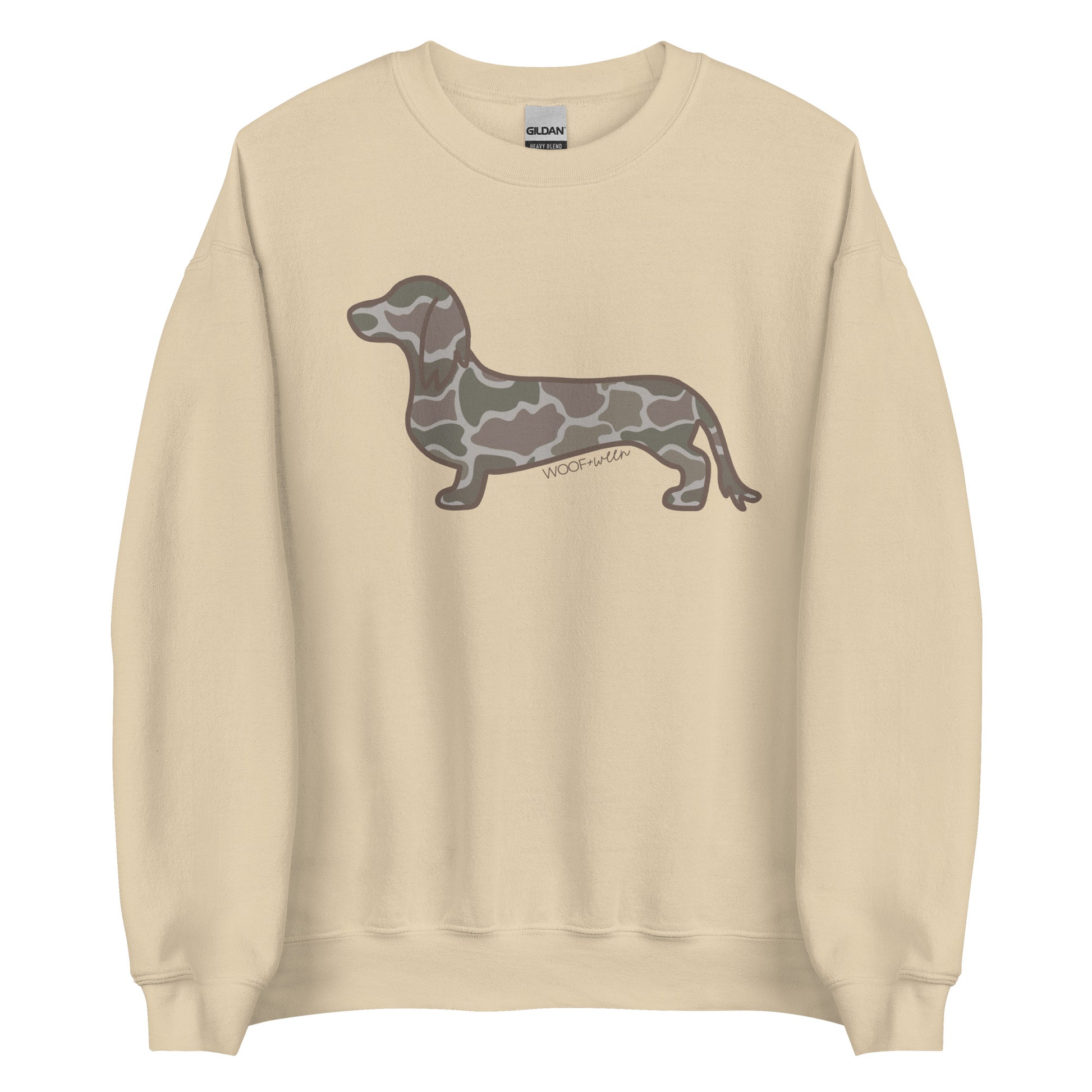 Long hair dachshund sweatshirt in Duck Camo print, sand colorway